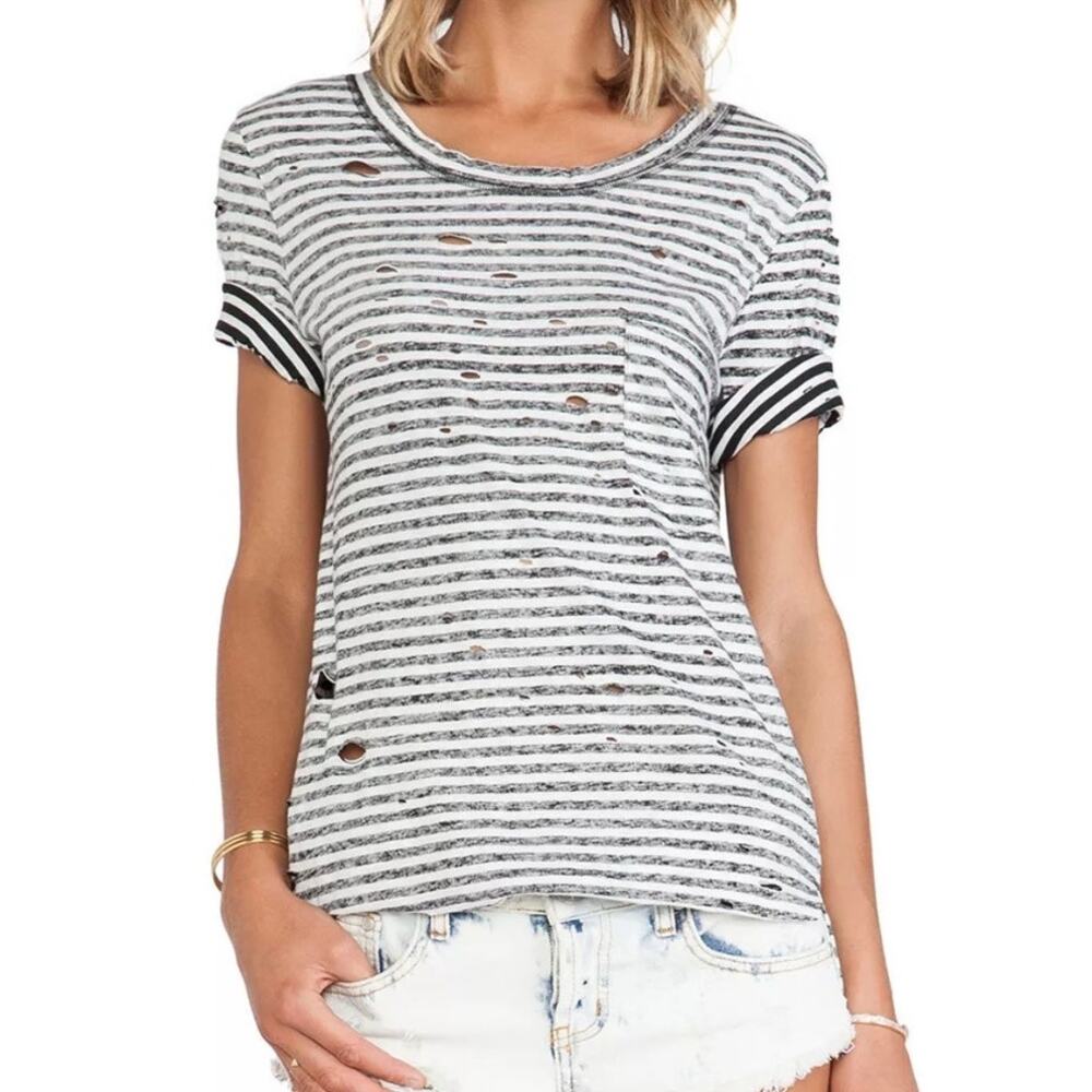 Free People Black and White Striped Short Sleeve Tee